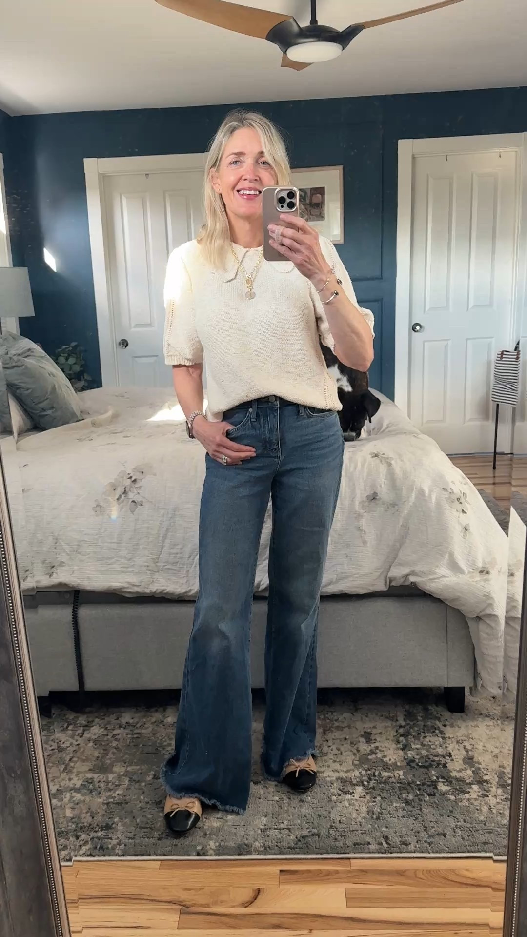 Fall outfit idea. NYDJ wide leg, frayed hem denim. True to size wearing 00. J.Crew cap toe ballet flats are super comfortable also run true to size. Jewelry from Melinda Maria and Kendra Scott. 

Fall denim, fall outfit, style over 40, affordable outfit, ballet flatss

#LTKSeasonal #LTKOver40 #LTKFindsUnder100