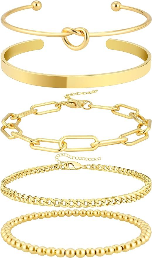 Hapuxt Gold Bangle Cuff Bracelets for Women Fashion 14K Real Gold Plated Cuban Link Chain Bracele... | Amazon (US)