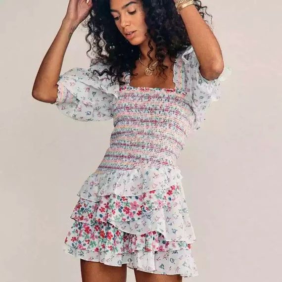 boho floral ruffle puff sleeve mini dress | smock neck square chic party dress | Etsy (US)