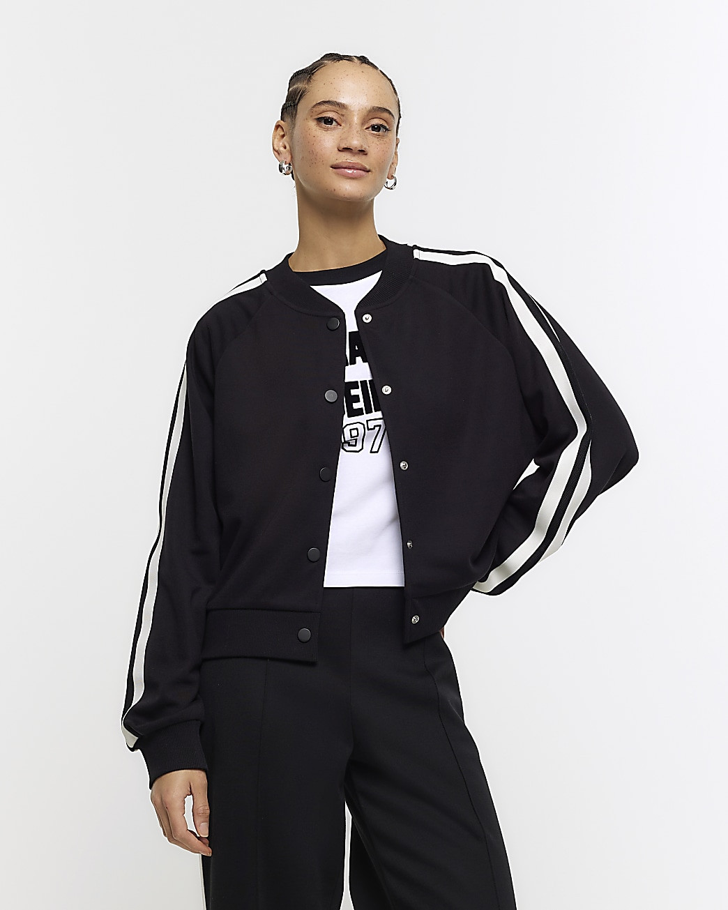 Black side stripe bomber sweatshirt | River Island (UK & IE)