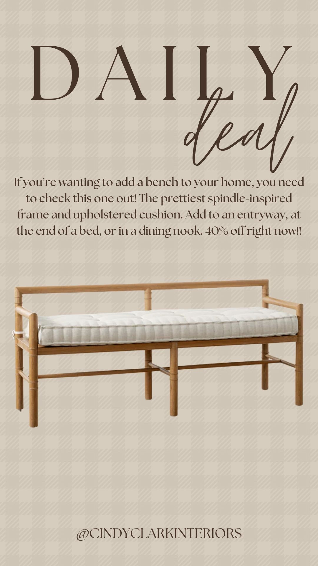 If you’re wanting to add a bench to your home, you need to check this one out! The prettiest spindle-inspired frame and upholstered cushion. Add to an entryway, at the end of a bed, or in a dining nook. 40% off right now!!

#LTKSaleAlert #LTKHome