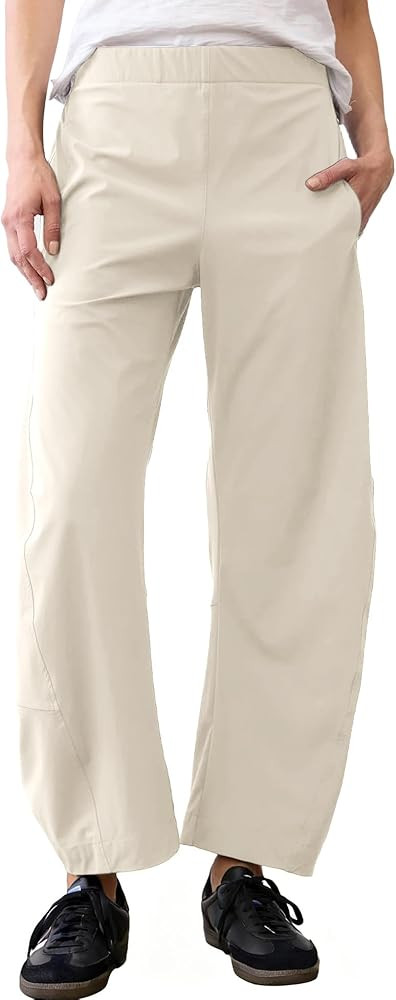 Women Barrel Travel Pants Elastic Waistband Tapered Leg Baggy Mid Rise Work Trousers Lounge Pant ... | Amazon (US)