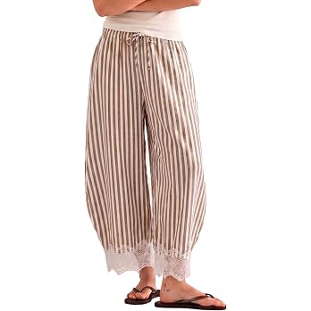 MINSURE Women's Striped Lace-Hem Capri Pants Casual Summer Wide Leg Cropped Palazzo Trousers with... | Amazon (US)