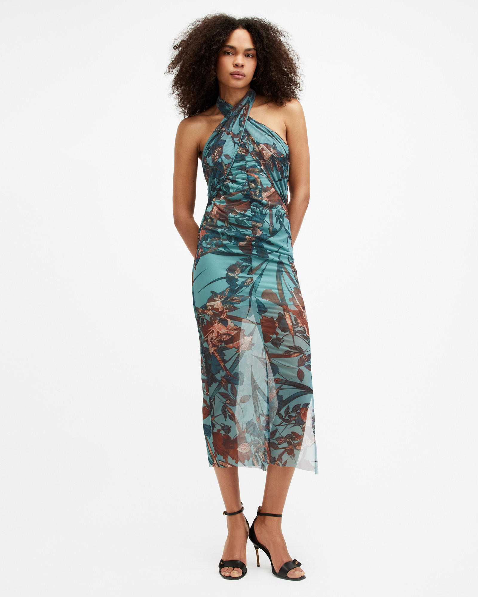 Kaih Mesh Batu Midi Dress Lagoon Blue | ALLSAINTS | AllSaints UK