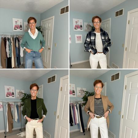 Over fifty fashion Outfits lately.

Green relaxed v-neck sweater with white button down and Blank NYC jeans, ribbed Old Navy tee shirt with distressed white jeans and plaid cropped shacket, black Amazon shirt sleeve crew neck sweater with olive Gibsonlook moto jacket and ecru wide leg Veronica Beard jeans, stripe cashmere sweater with camel Banana Republic blazer and white Madewell jeans.

fashion for women over 50, tall fashion,  smart casual,  work outfit, workwear, teacher outfit, fall fashion, fall outfit idea, fall style, timeless classic outfits, timeless classic style, classic fashion, tailgate attire, fall family photo outfit, cozy lounger, shacket, wedding guest fall outfit, jeans, boots, fall wedding guest dress, booties, Chelsea boots, tall boots, fall shoes, workout outfits, date night outfit, casual fall outfit, Thanksgiving outfit, gift guides, Holiday outfit, outerwear

Hi I’m Suzanne from A Tall Drink of Style - I am all about Timeless, Classic, Everyday Style!
I am 6’1”. I have a 36” inseam. I wear a medium in most tops, an 8 or a 10 in most bottoms, an 8 in most dresses, and a size 9 shoe.

#LTKxMadewell #LTKworkwear #LTKover40