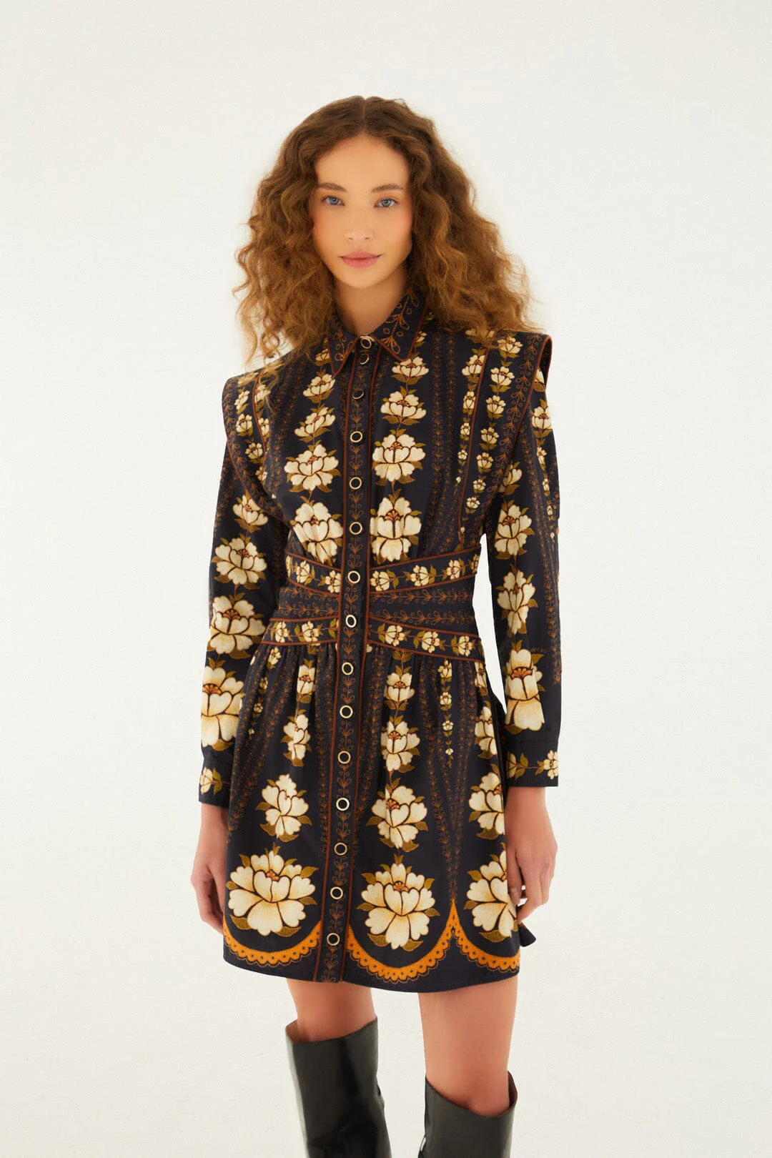 Black Bold Flowers Long Sleeve Organic Cotton Mini Dress, EMBROIDERED FLOWERS BLACK / S | FarmRio (US)