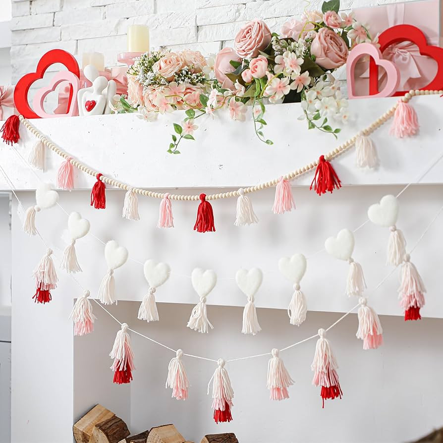 3 String Valentine's Day Garland Decor Felt Hearts Wood Bead Tassel Garland Romantic Hanging Bunt... | Amazon (US)