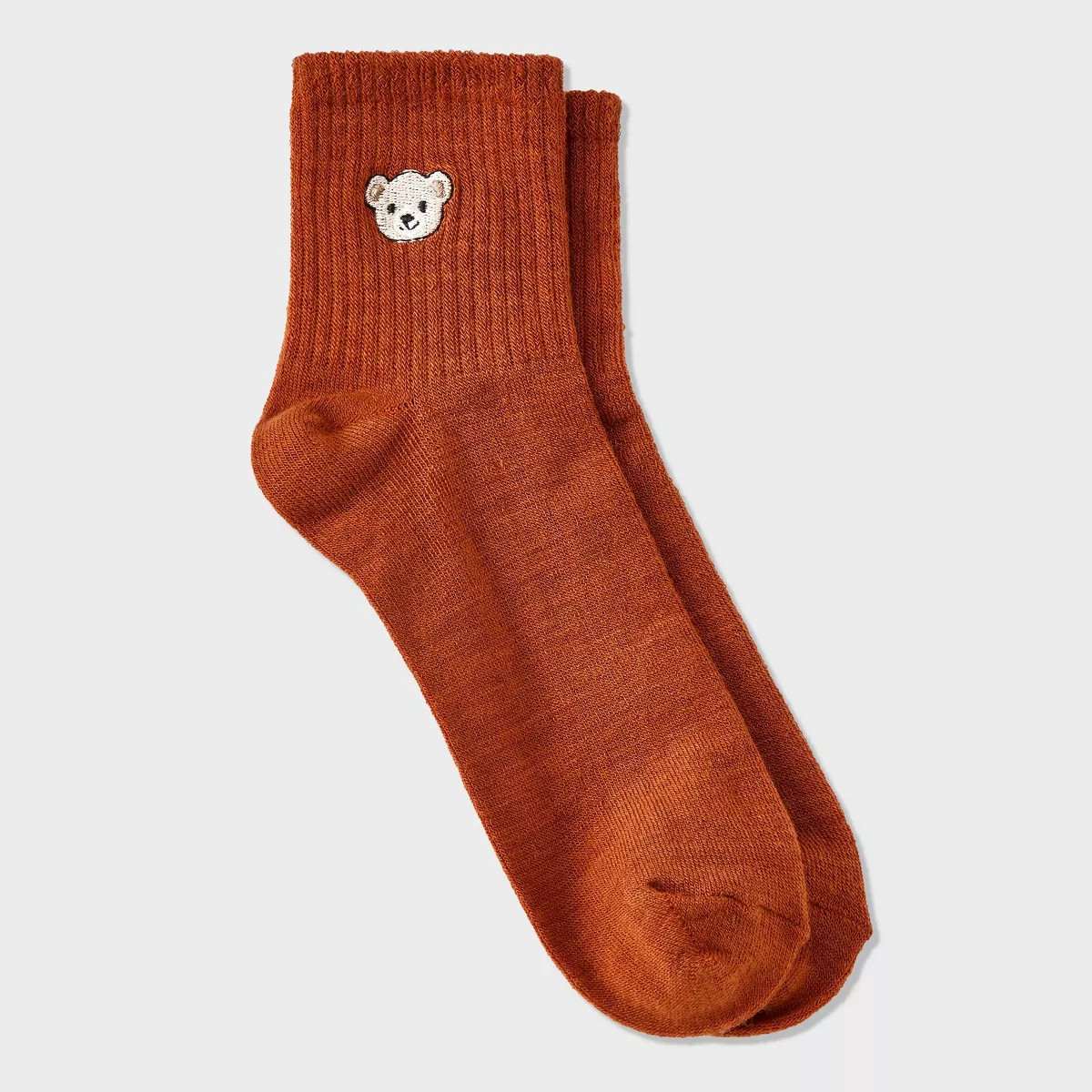 Women's Embroidered Teddy Bear Ribbed Ankle Socks - Copper 4-10 | Target