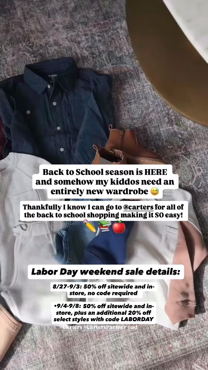 Back-to-school shopping with 4 kids is basically an Olympic sport 😂📚✏️Thankfully, @carters  makes it a little easier with the cutest back-to-school styles that are comfy enough for my kids to actually LIVE in! AND it is currently their Labor Day Sale where everything is 50% off sitewide!

Sale details ⬇️
8/27–9/3: 50% off sitewide and in-store, no code required  
9/4–9/8: 50% off sitewide and in-store, plus an additional 20% off select styles with code LABORDAY
 #Carters #CartersPartner #Ad