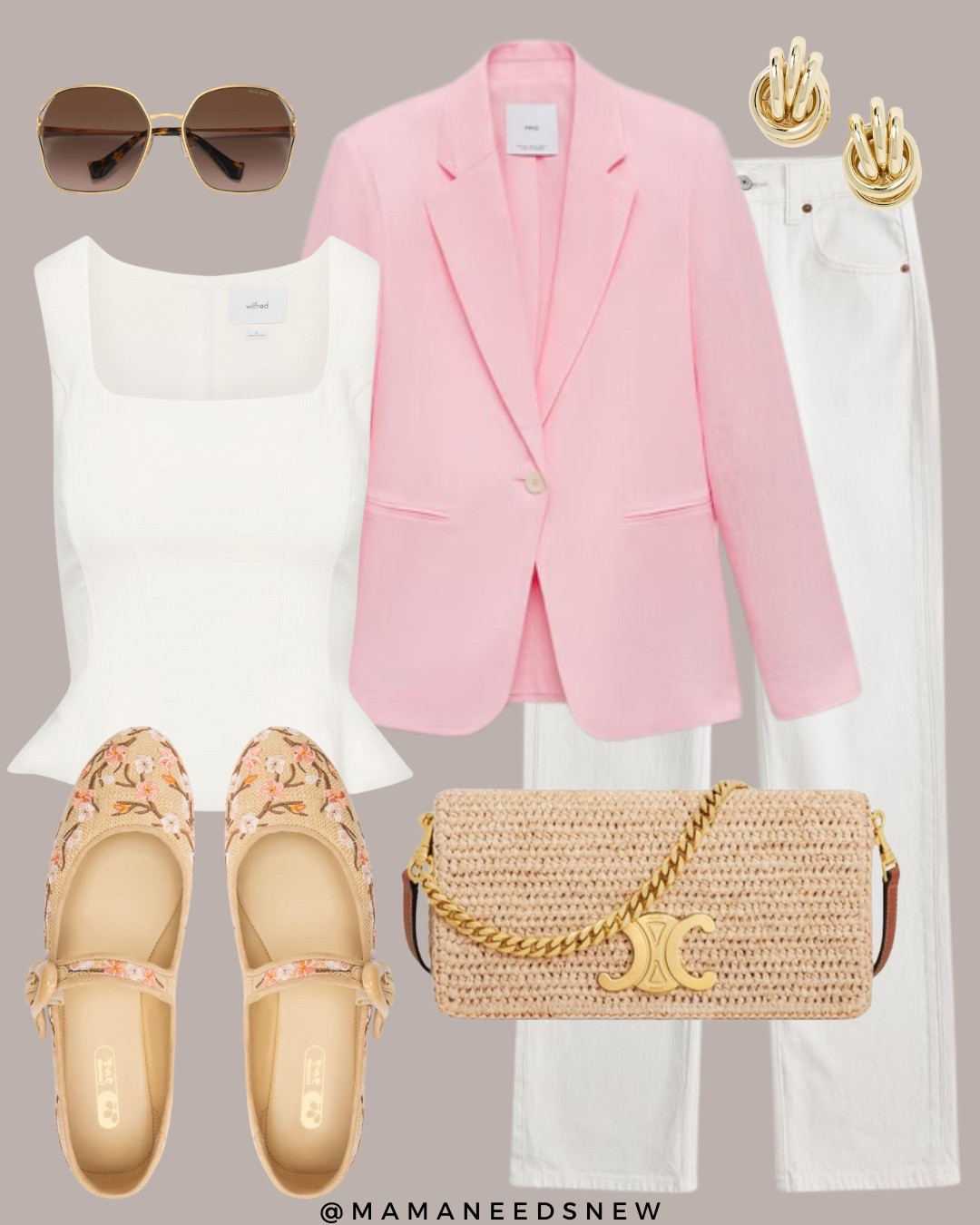 A spring outfit with a blazer, jeans, square neck top, raffia floral embroidered Maryjane flats, raffia shoulder bag 🌸 

#LTKStyleTip #LTKShoeCrush #LTKSaleAlert