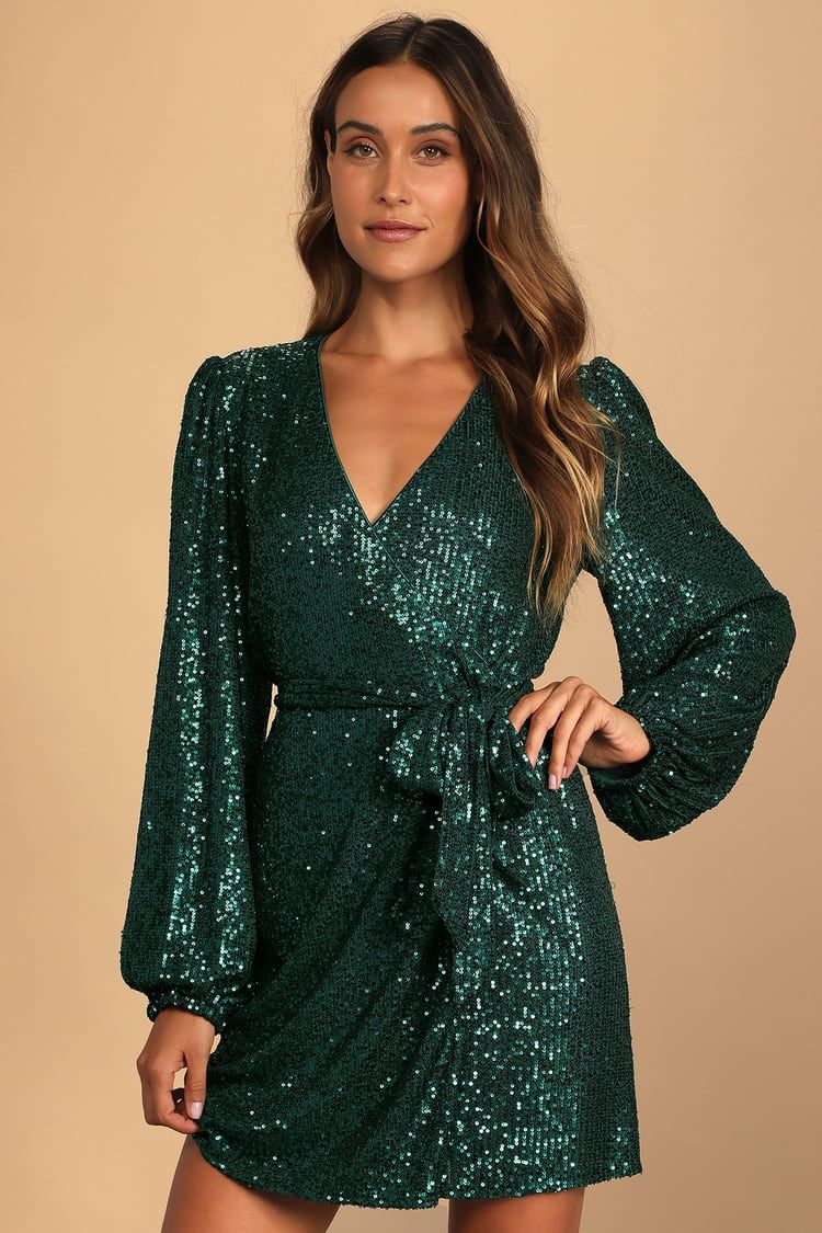 Sparkly Darling Emerald Green Sequin Long Sleeve Wrap Dress | Lulus (US)