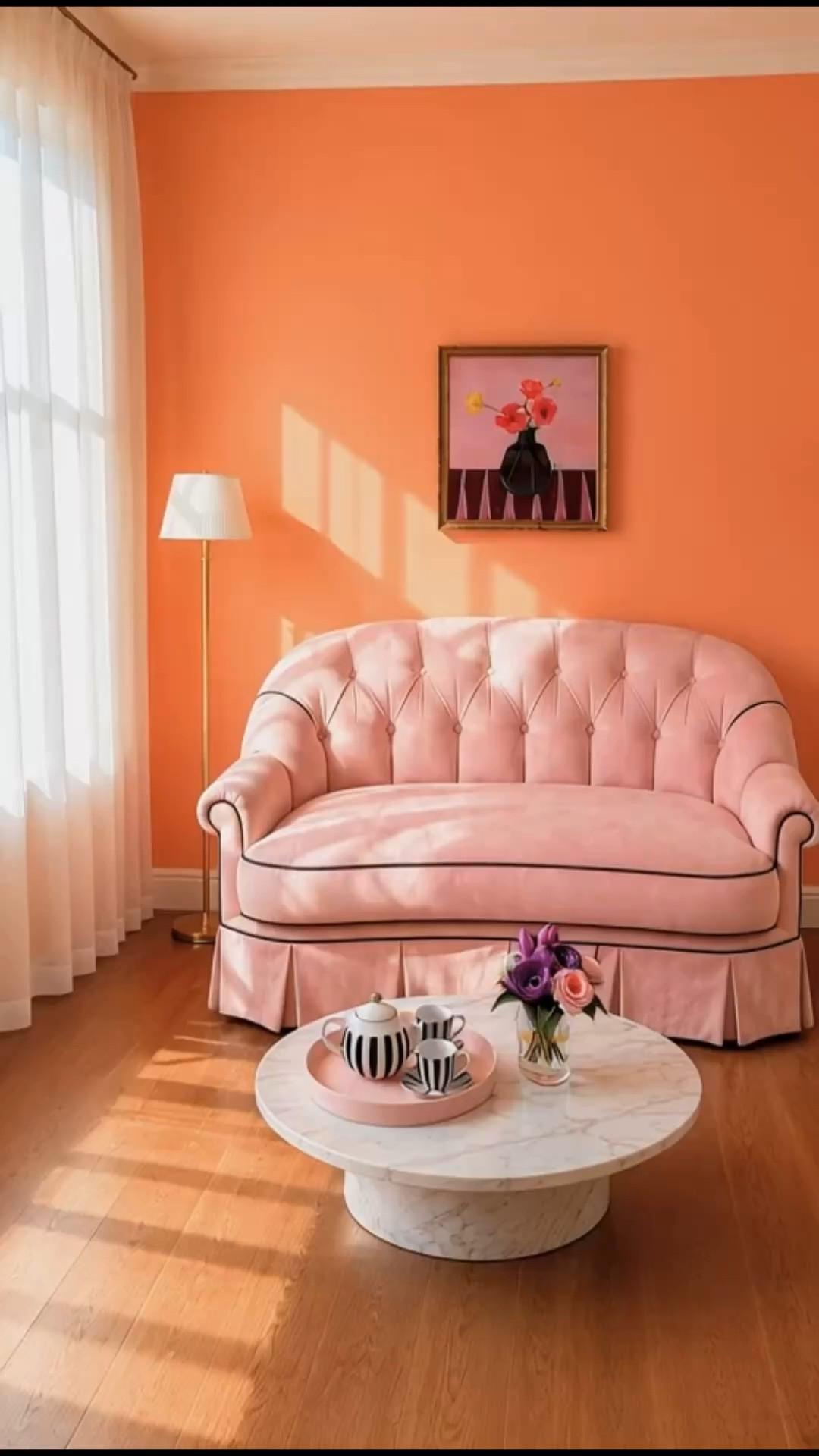 Waking up to a corner like this feels like the perfect way to start the day.

Soft morning sunshine filtering through sheer drapes, a beautiful tea set waiting on the tray, fresh blooms on the marble coffee table, and the prettiest pairing of pale pink and warm coral creating a space that feels both cheerful and calming.

The warm coral wall brings energy and optimism, while the blush pink sofa softens the room with an elegant, romantic touch. Framed artwork adds character and depth, making the space feel collected, personal, and inviting. As the morning light fills the room, everything feels brighter, lighter, and ready for a new day.

#morningmood #pinksofa #marblecoffeetable #sheerdrapes #traydecor #teaset #floralarrangement #art #wallart #livingroominspo #homedecor #cozychic #romanticdecor #colorinspiration #coralwalls #pinkdecor #interiorstyle #homesweethome

#LTKHome #LTKdayinmylife #LTKHome #LTKSaleAlert