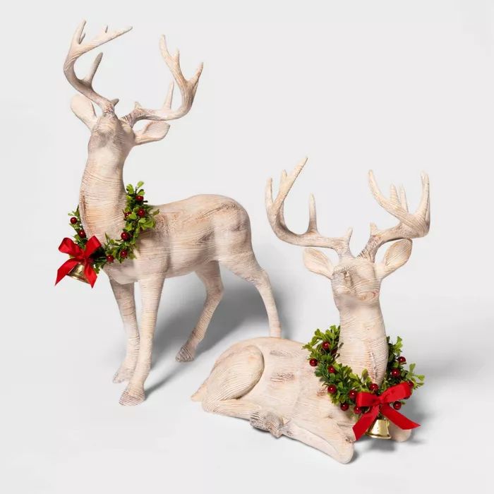 19.4" x 7.1" Wooden Standing Deer Figurine with Wreath Natural - Threshold™ | Target