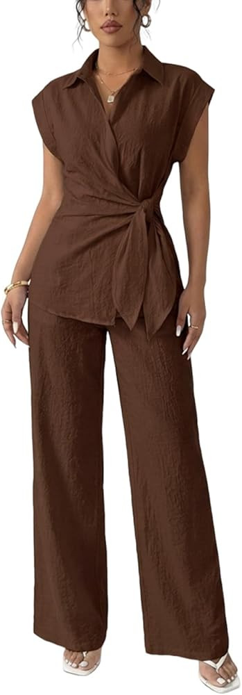 Women's Going Out Two Piece Sets Cap Sleeve Tie Waist Button Down Shirt Wide Leg Pants Dressy Cas... | Amazon (US)