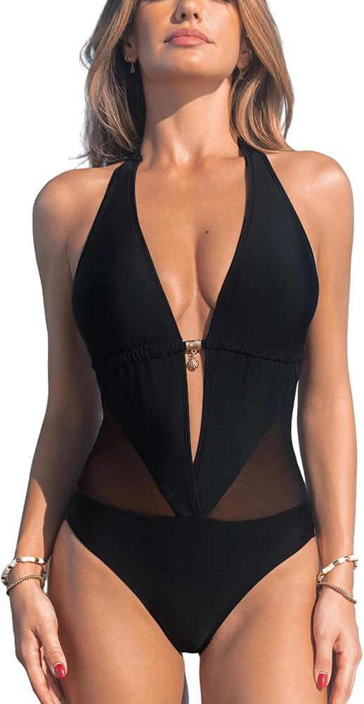 CUPSHE Women's Plunging Hater One Piece Ruched Mesh Panel Swimsuit Deep V Neck Open Back Bathing ... | Amazon (US)