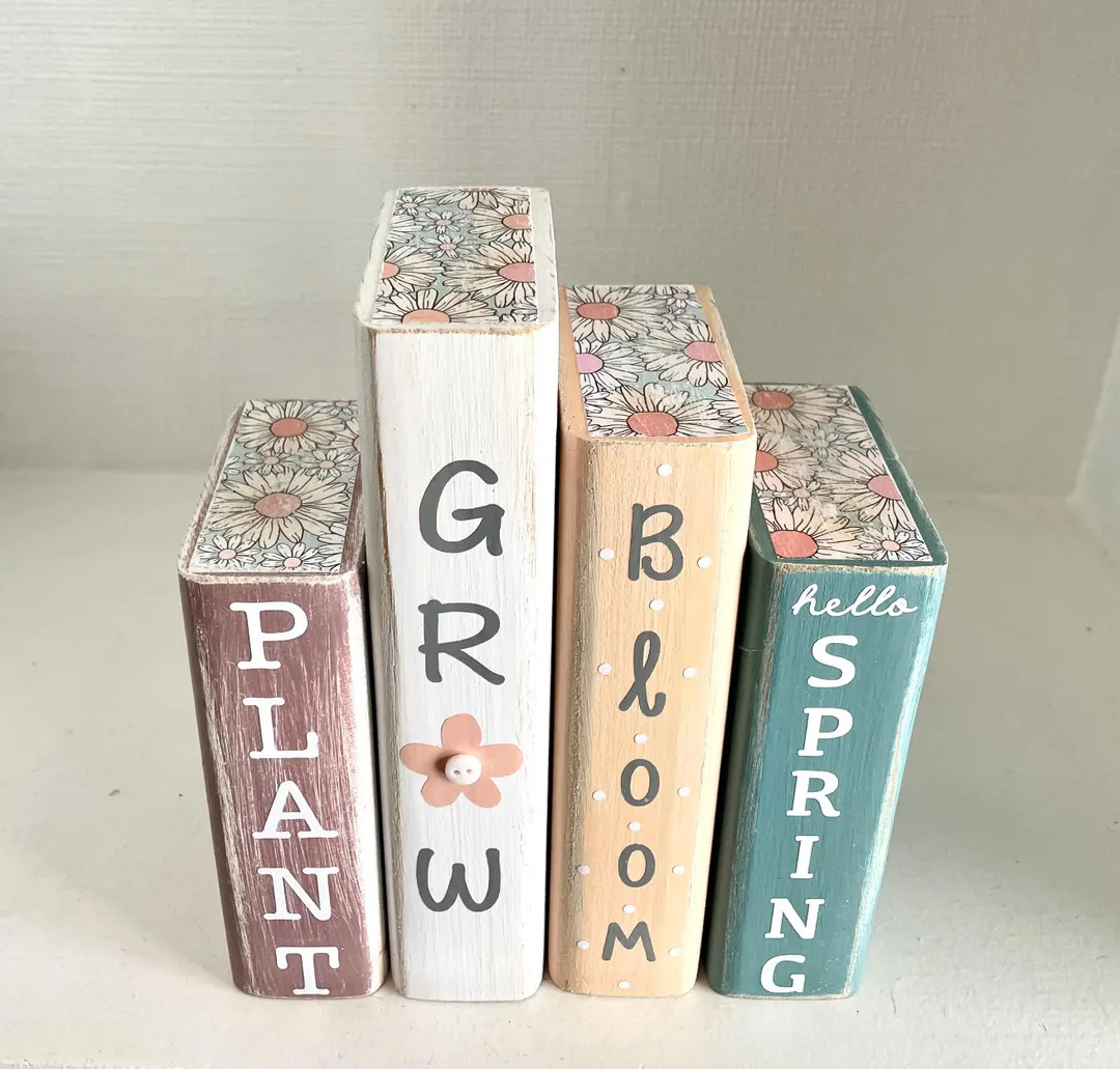 Spring Home Decor, Wood Books for Bookshelf and Tiered Tray - Etsy | Etsy (US)