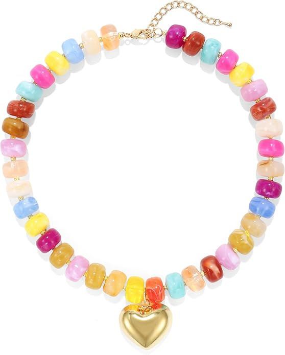 Chunky Heart Necklace for Women, Colorful Acrylic Beaded Statement Puff Heart Necklace, Cute Boho... | Amazon (US)