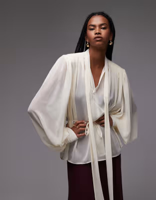 ASOS DESIGN chiffon shoulder pad boho tie blouse in ecru | ASOS | ASOS (Global)