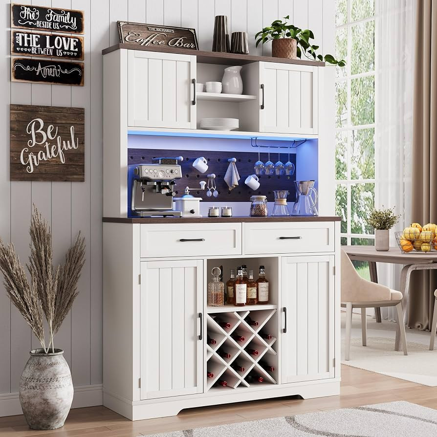 72" Coffee Bar Cabinet with Power Outlet & LED Light, Farmhouse Large Kitchen Hutch with Sliding ... | Amazon (US)