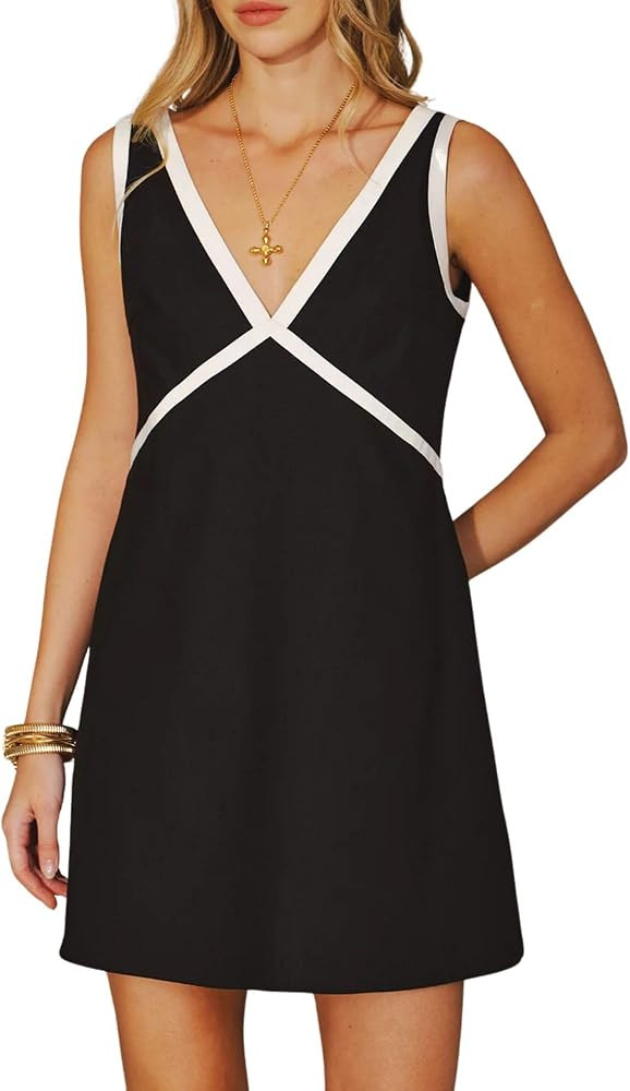 Women\u2019s Sleeveless Mini Dress Deep V Neck Cotton A Line Summer Casual Contrast Trim Short Dr... | Amazon (US)