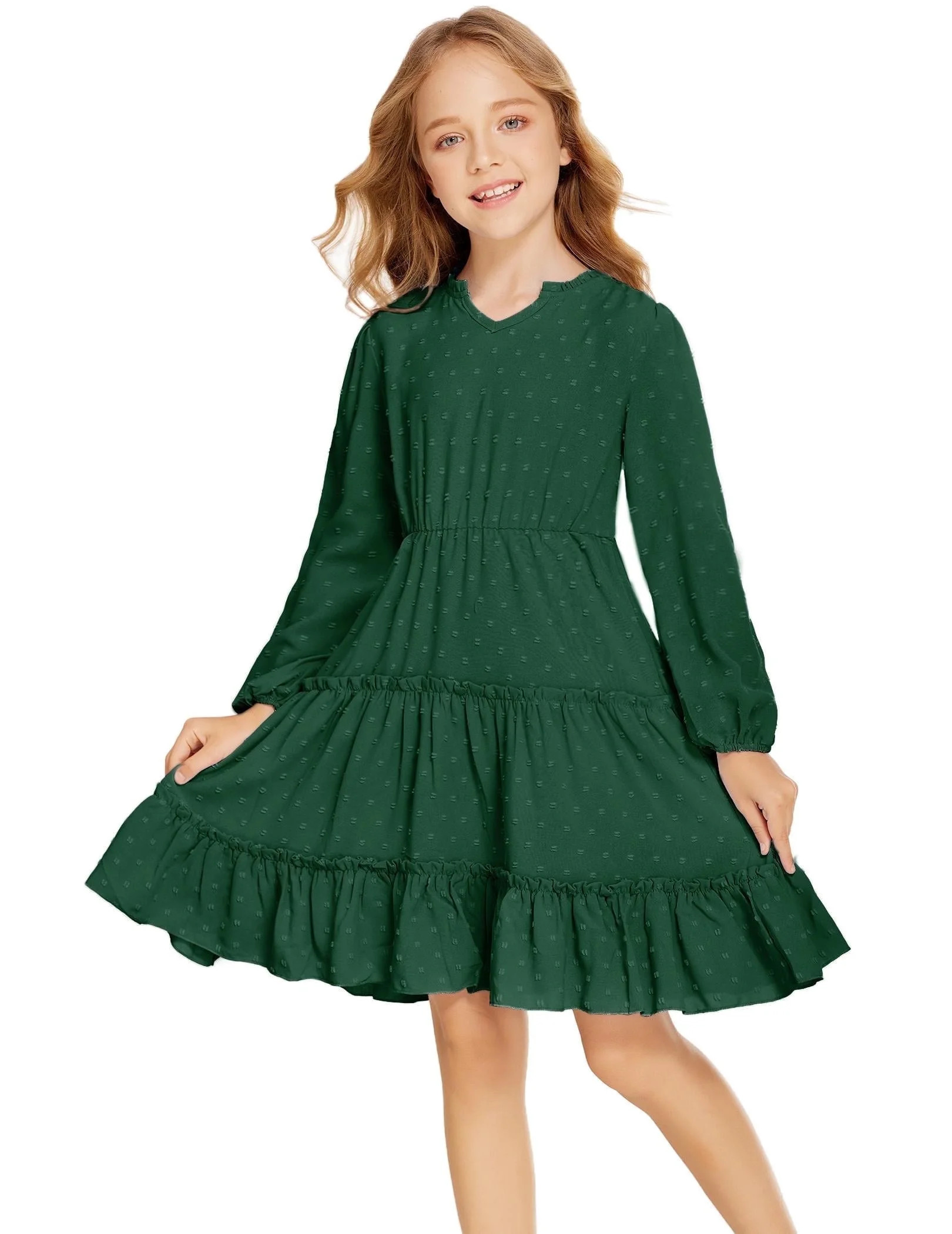 Arshiner Girls' Dresses V neck Long Sleeve Chiffon Swiss Dot Ruffle Tiered Boho Party Midi Dress | Walmart (US)