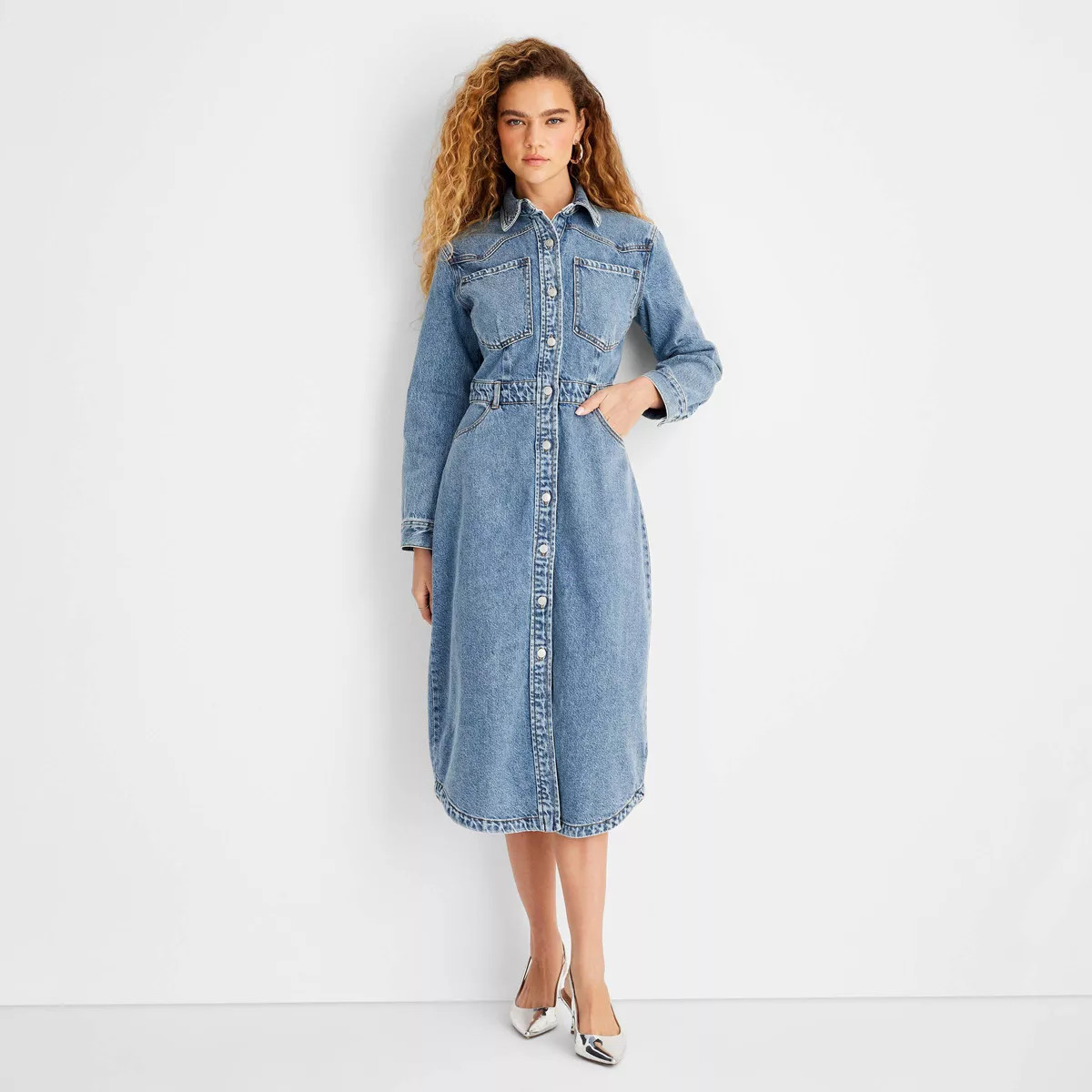 Women's Long Sleeve Denim Midi Dress - Future Collective Medium Wash 12 | Target