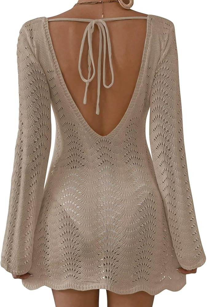 Womens Swimsuit Cover Up Long Sleeve Crochet Bathing Suit Mesh Backless Cover Ups Summer Beach Va... | Amazon (US)