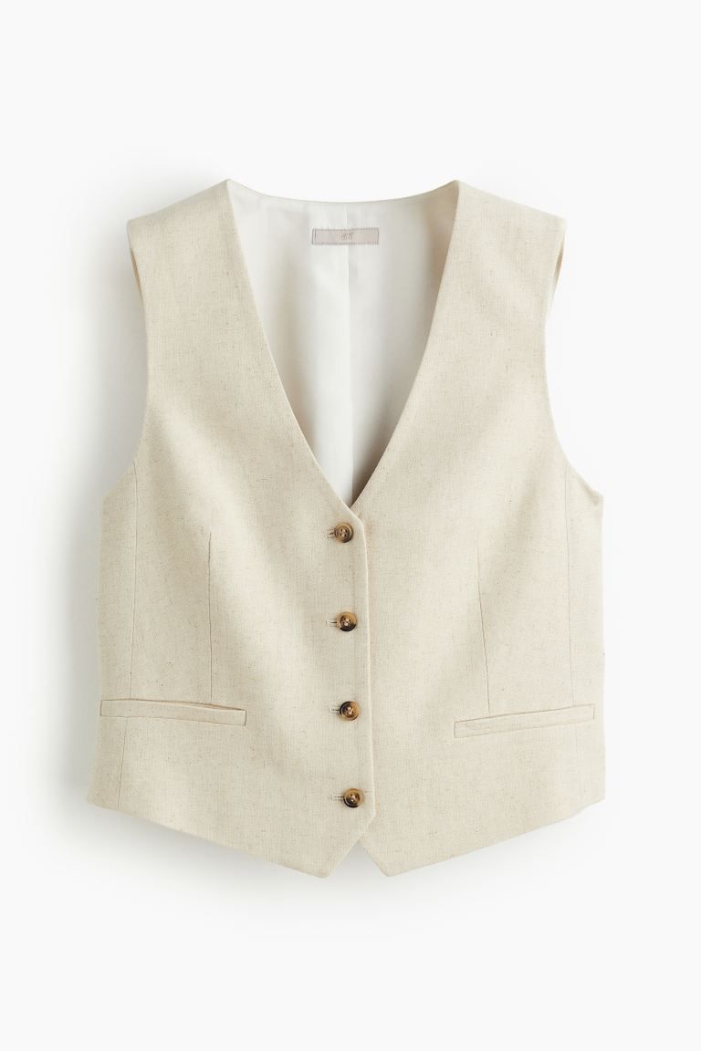 Linen-blend waistcoat - V-neck - Sleeveless - Light beige - Ladies | H&M GB | H&M (UK, MY, IN, SG, PH, TW, HK)