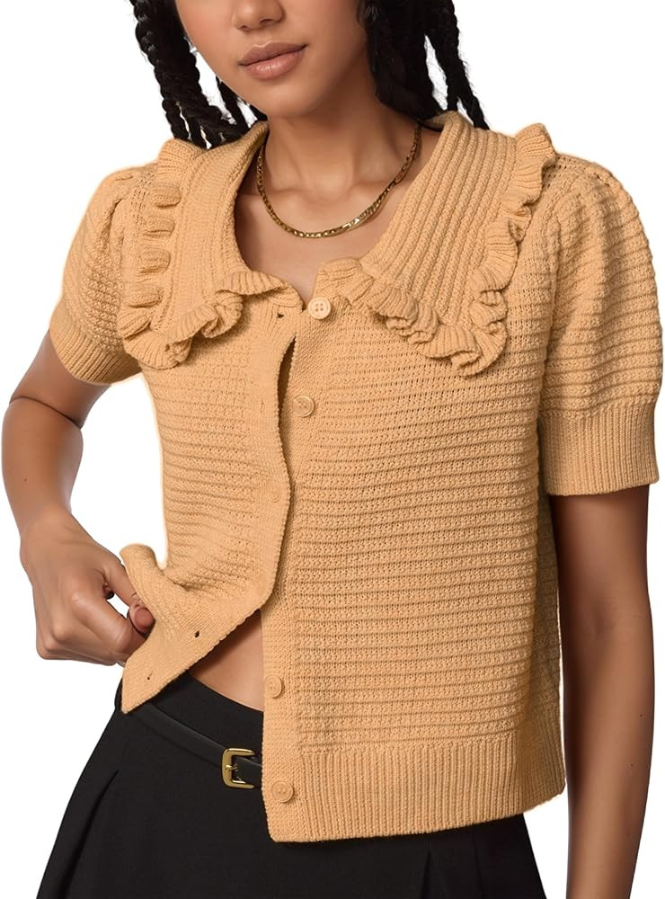 Watashi Womens Short Sleeve Cardigan Casual Button Down Ruffle Collared Lightweight Knittwear Sum... | Amazon (US)