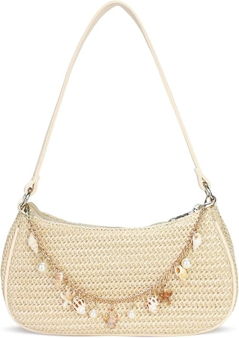Women's Boho Seashell Pearl Beaded Straw Clutch Purse Summer Woven Beach Bag Vacation Shoulder Ha... | Amazon (US)