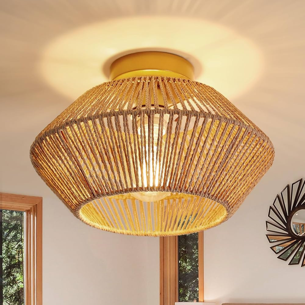 AUA Rattan Light Fixtures Ceiling, Semi Flush Mount Ceiling Light with Hand-Worked Cage Lampshade... | Amazon (US)