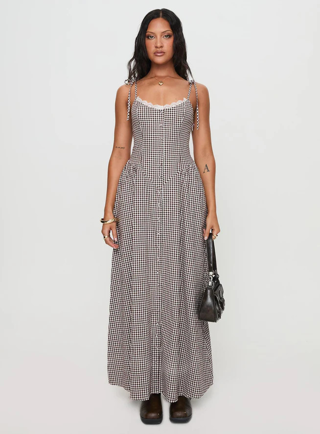 Dalanie Tie Strap Maxi Dress Brown Gingham | Princess Polly US