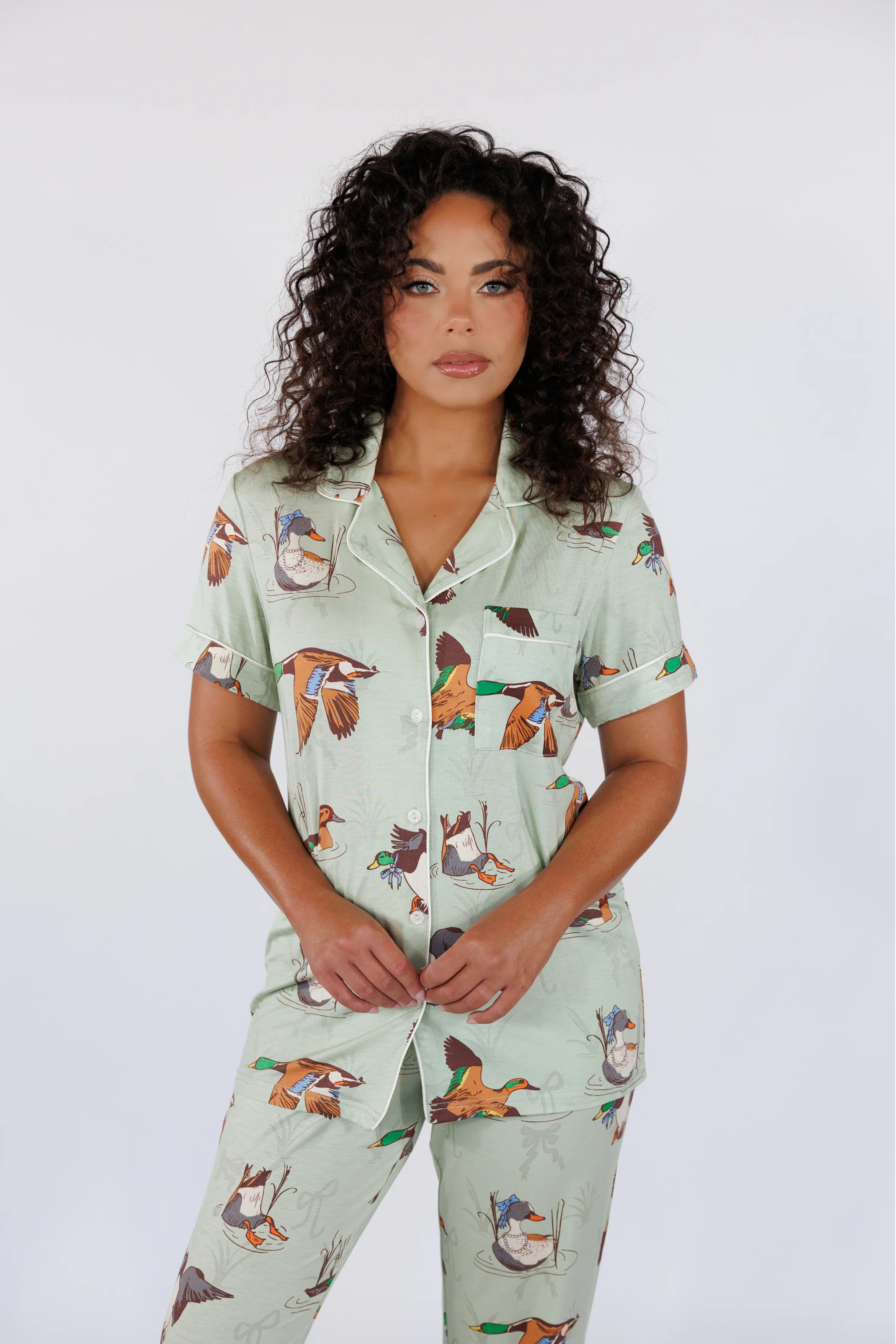Fancy Fowl in Sage Green Short Sleeve & Cropped Pant Pajama Set | In My Sundays