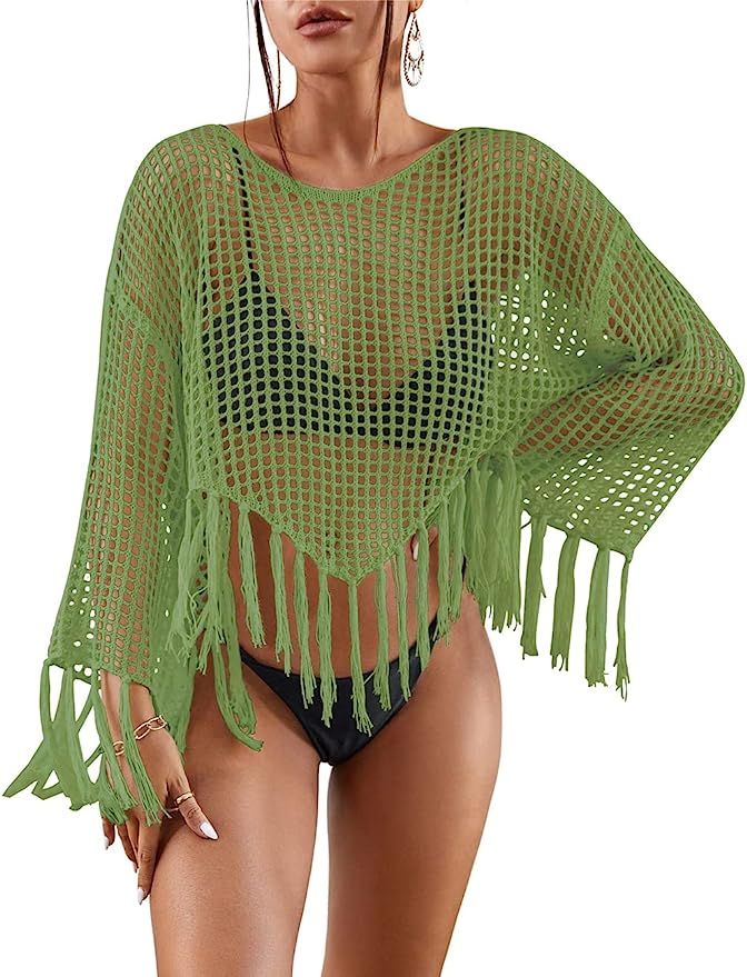 Bsubseach Crochet Cover Up for Swimwear Women Hollow Out Swimsuit Coverup Long Sleeve Beach Top | Amazon (US)