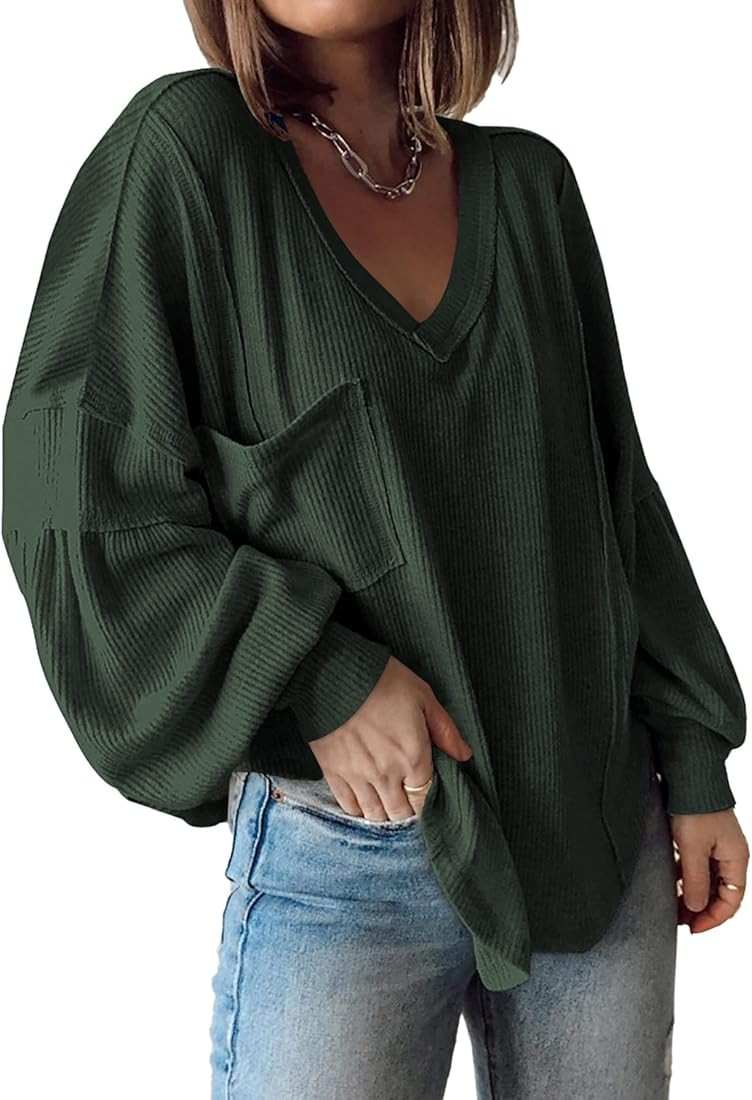 BTFBM Women's Casual V Neck Ribbed Knitted Shirts Pullover Tunic Tops Loose Balloon Sleeve Solid ... | Amazon (US)