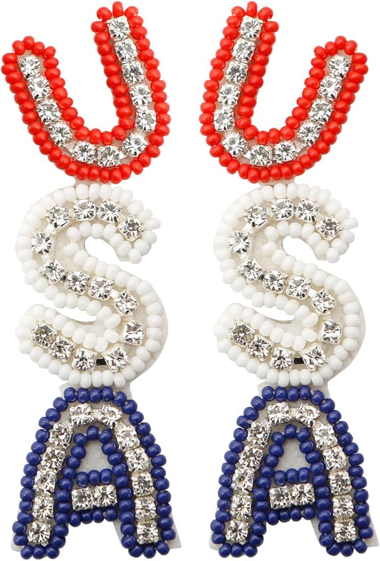 WEEAEEW 4th Of July Earrings for Women Handmade Patriotic Drop Dangle Beaded Earrings for Indepen... | Amazon (US)