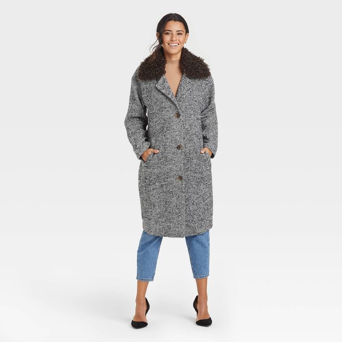 Women's Faux Fur Jacket - A New Day™ Black Herringbone | Target