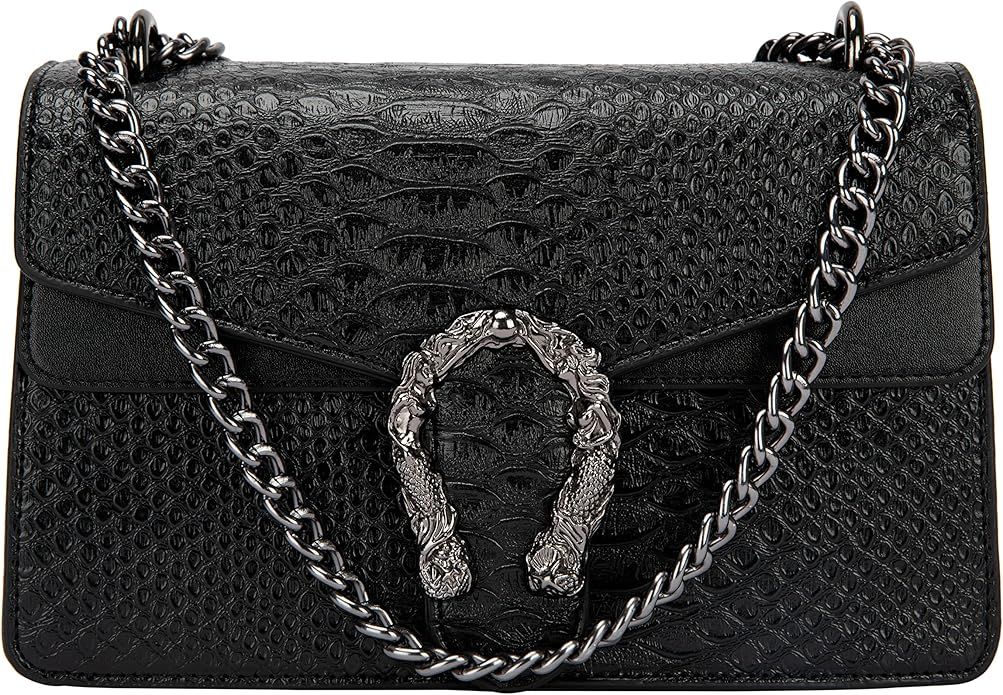 Crossbody Shoulder Square Purse For Women - Fashion Embossed Snake-Print Leather Handbag Metal Ch... | Amazon (US)