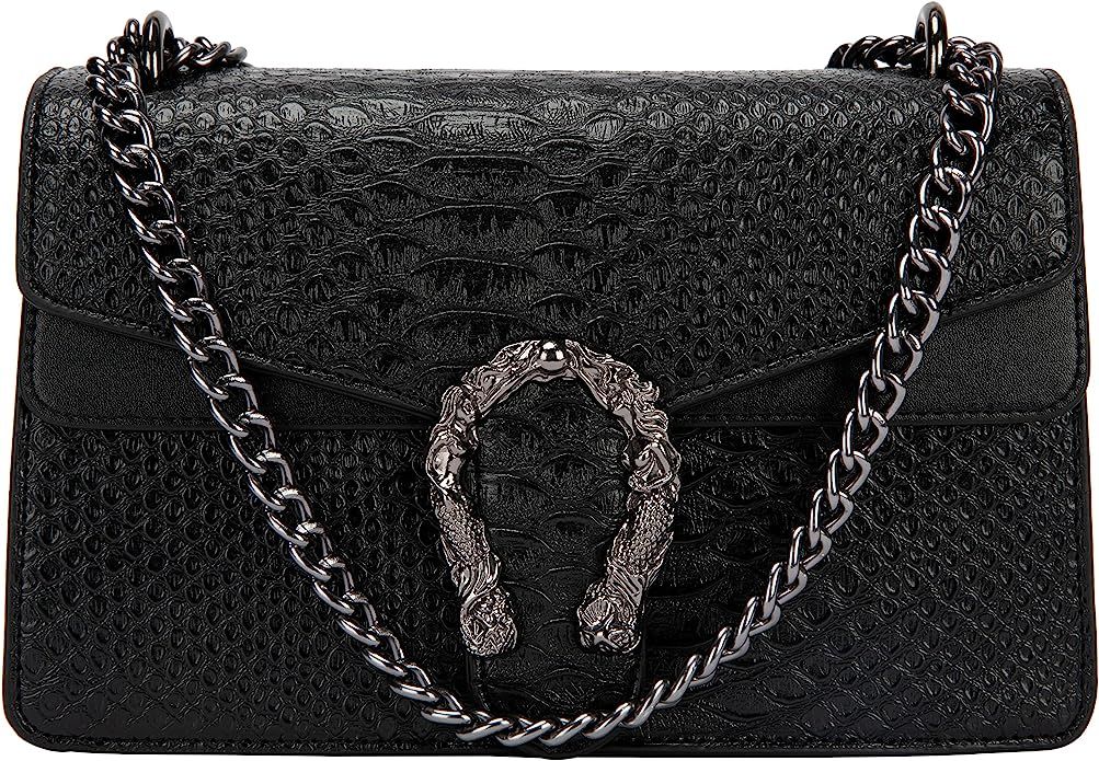 Crossbody Shoulder Square Purse For Women - Fashion Embossed Snake-Print Leather Handbag Metal Ch... | Amazon (US)