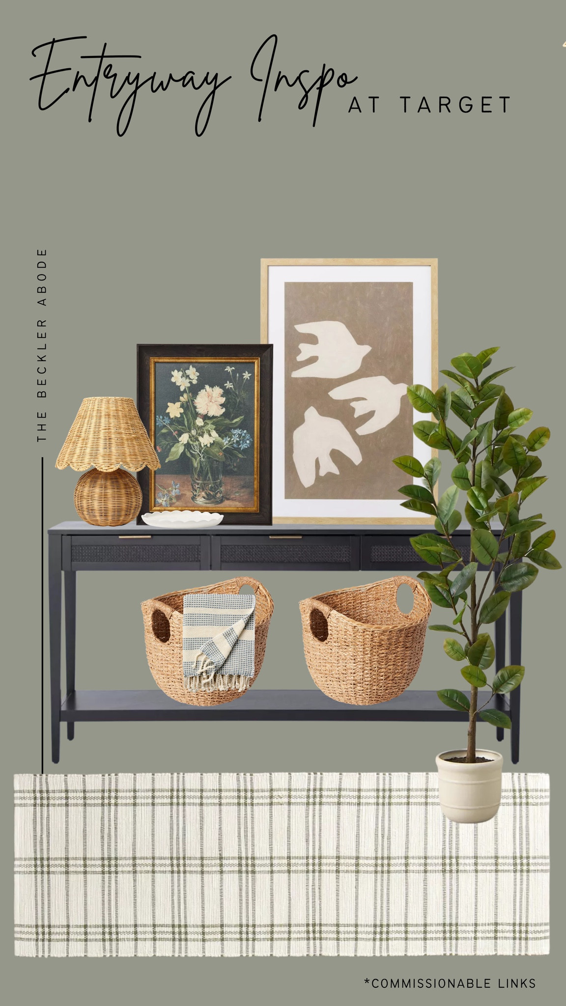 Entryway styling inspiration from Target!

Black console table, Studio McGee wall art, rattan table lamp, blanket basket, faux tree, plaid runner, scallop tray 

#LTKHome #LTKStyleTip