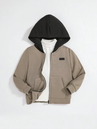 SHEIN Kids EVRYDAY Young Boys' Casual Loose Streetwear Hooded Zipper Sweatshirt With Letter Patch... | SHEIN