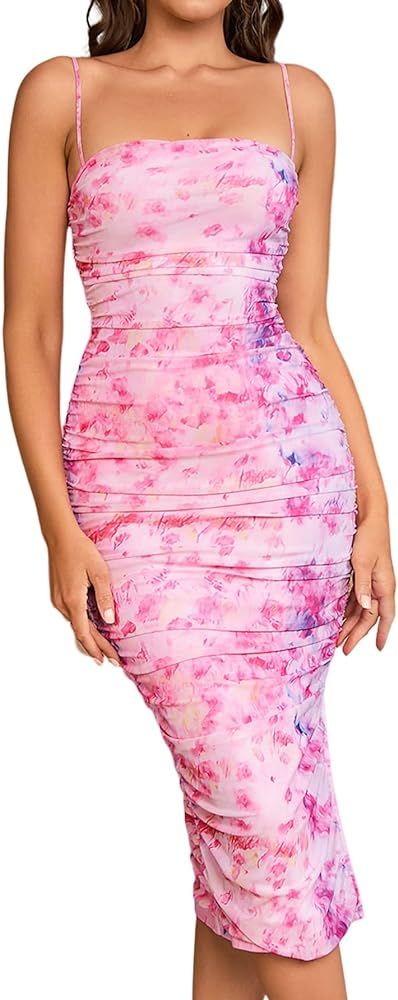 YKAOYG Women Sleeveless Floral Ruched Bodycon Dress 2023 Summer Spaghetti Straps Party Midi Mesh ... | Amazon (US)