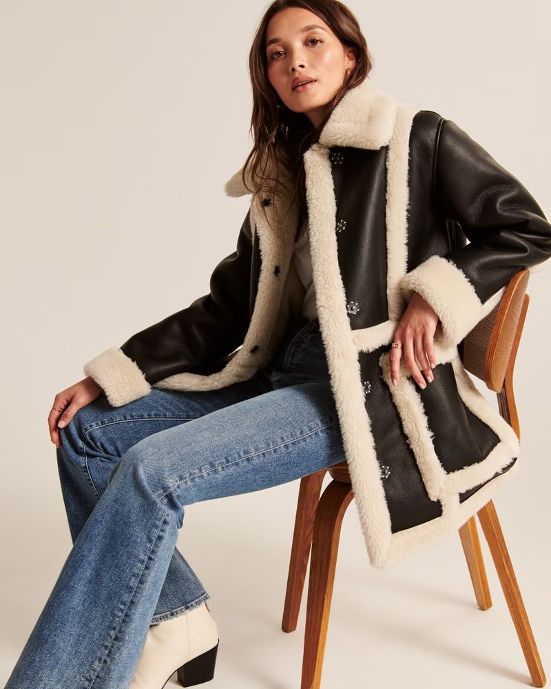 Oversized Sherpa-Lined Vegan Leather Coat | Abercrombie & Fitch (US)