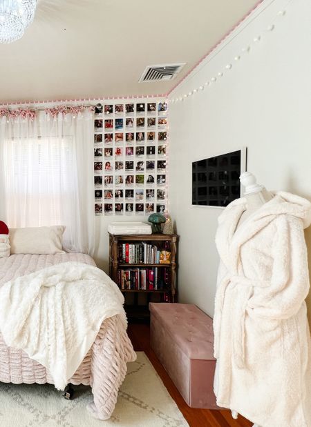 Teen girl bedroom. Samsung Frame TV and fluffy pink bedding. Pink room decor with dress form. 

#LTKhome #LTKkids #LTKGiftGuide
