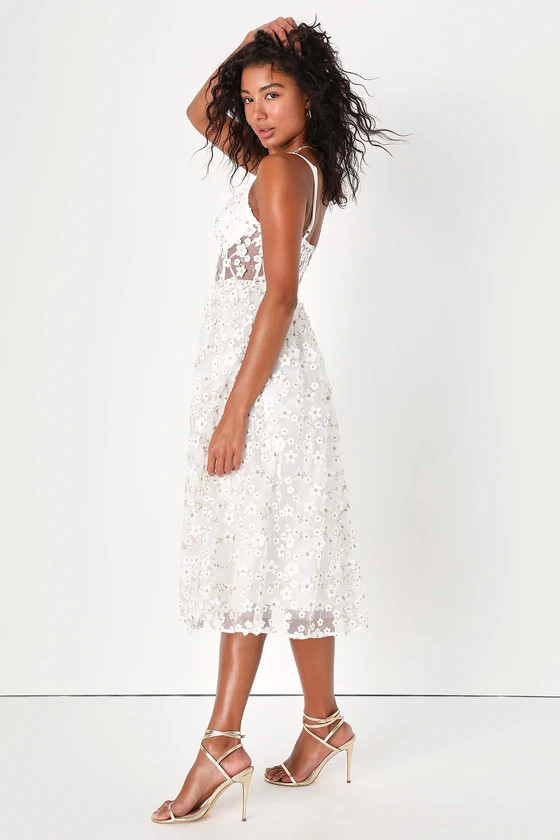Darling Romance White Tulle Floral Applique Bustier Midi Dress | Lulus