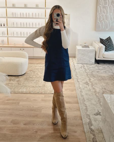 Fall outfit / work outfit 
Reformation dress - size 4
White turtleneck - size small 
My suede boots are no longer made but I linked similar knee high boots! 
Silver hoops 

I love throwing a long sleeve shirt or turtleneck under a shift dress for workwear or just to transition summer dresses to fall outfits! 

#LTKworkwear #LTKfindsunder100 #LTKxMadewell