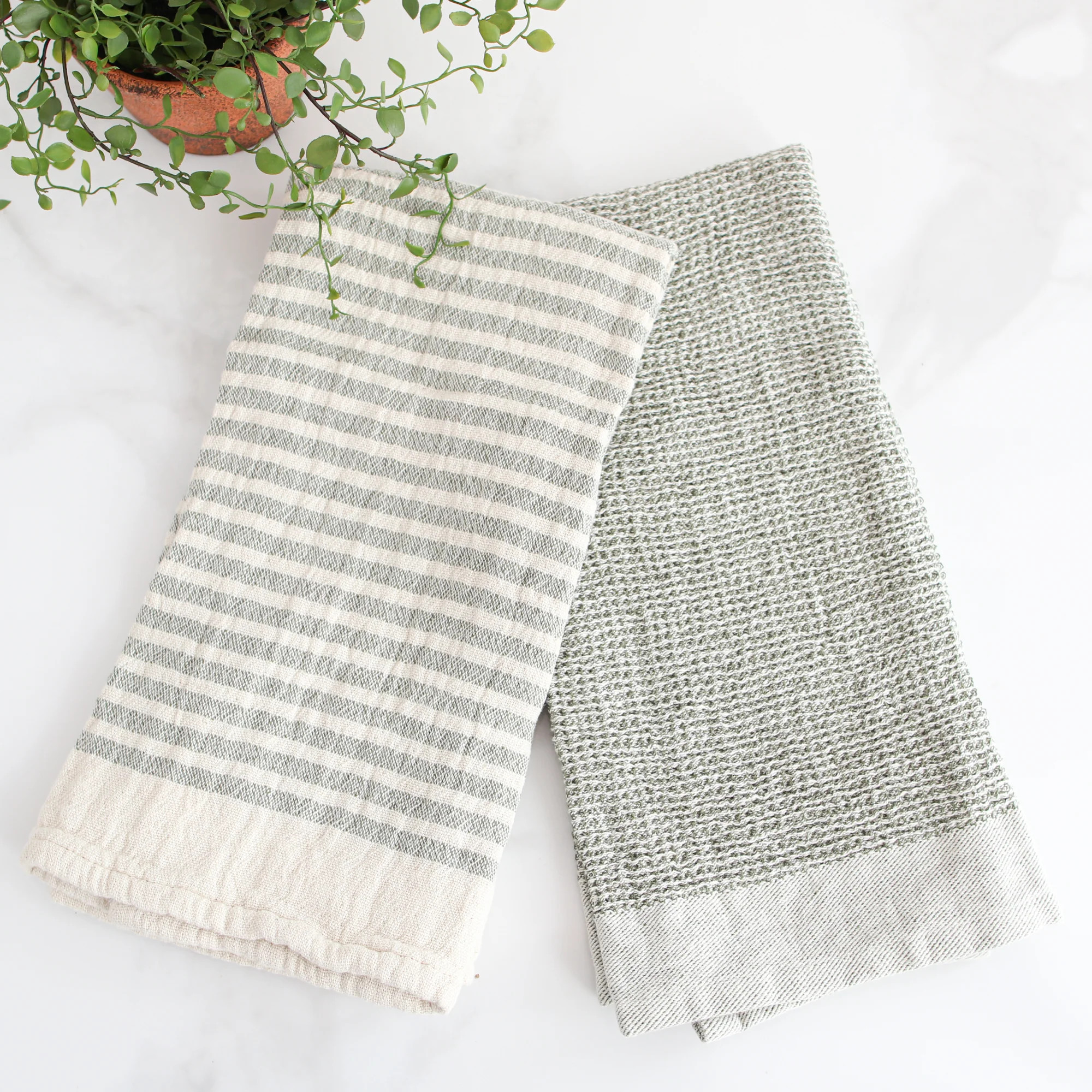 Olive Green Striped Towels, Set of 2 | Interior Delights