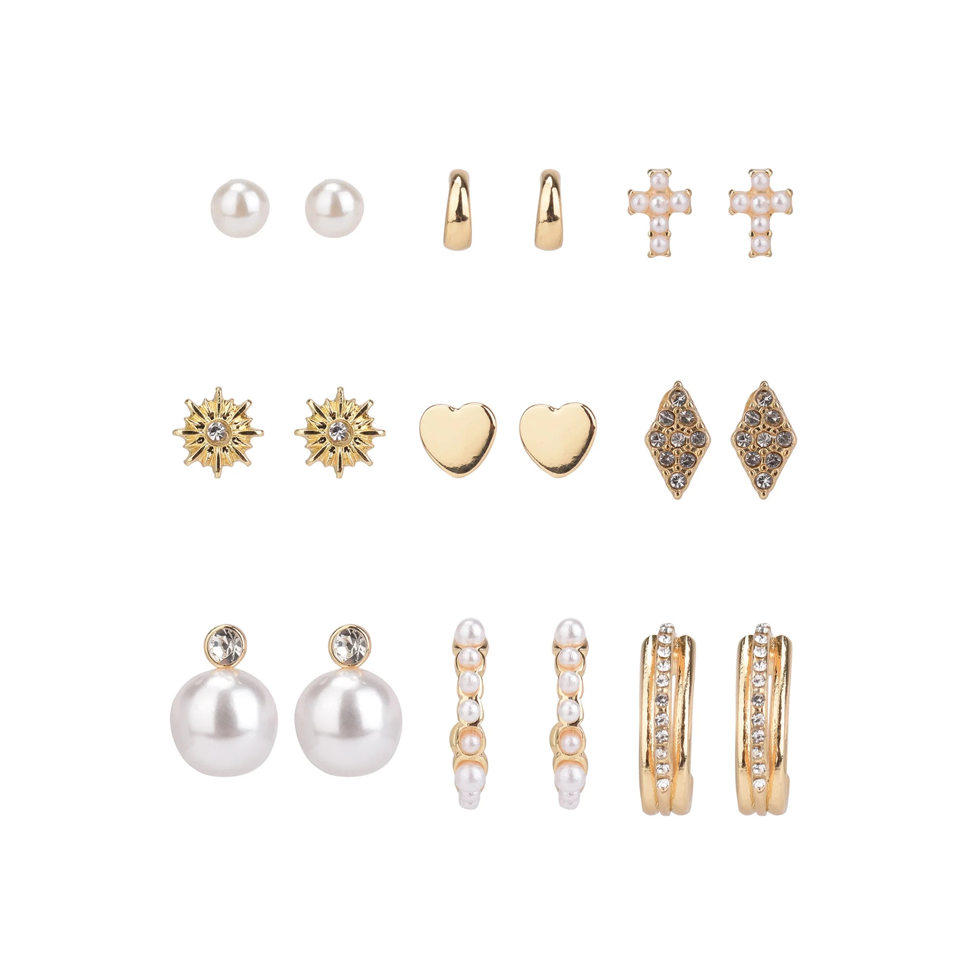 Time And Tru Women's Gold Tone 9-On Faux Pearl Multi Earring Set | Walmart (US)