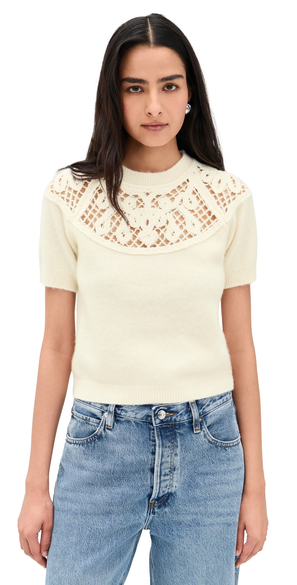 FRAME The Lace Gathered Cashmere Sweater Cream S | Shopbop