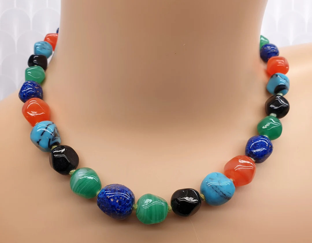 Vintage Colourful Cast Glass Faux Gemstone Beaded Choker Necklace, Turquoise, Lapis Etc | Etsy (US)